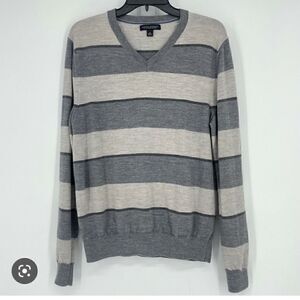 Sweater Merino‎ Wool Banana Republic Men's Large Tall Gray Striped v-neck
